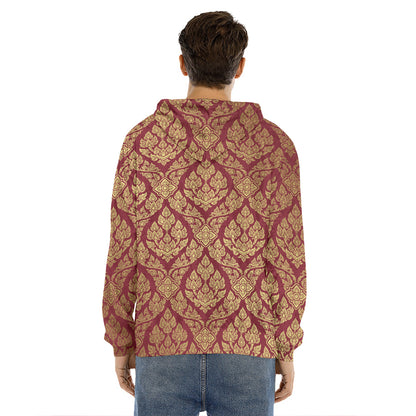 Gold And Red Thai Pattern Print Men's Velvet Pullover Hoodie