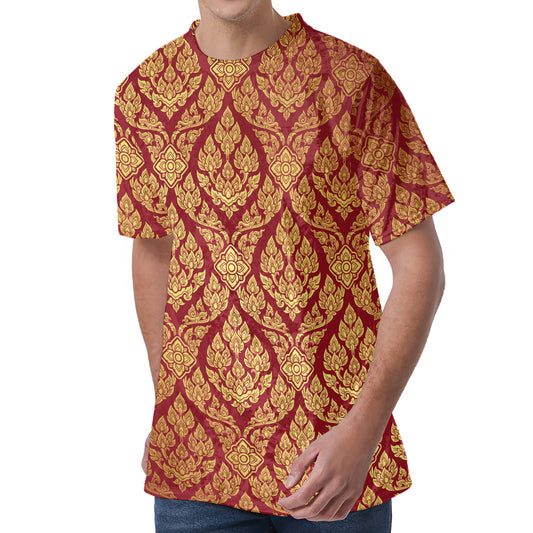 Gold And Red Thai Pattern Print Men's Velvet T-Shirt
