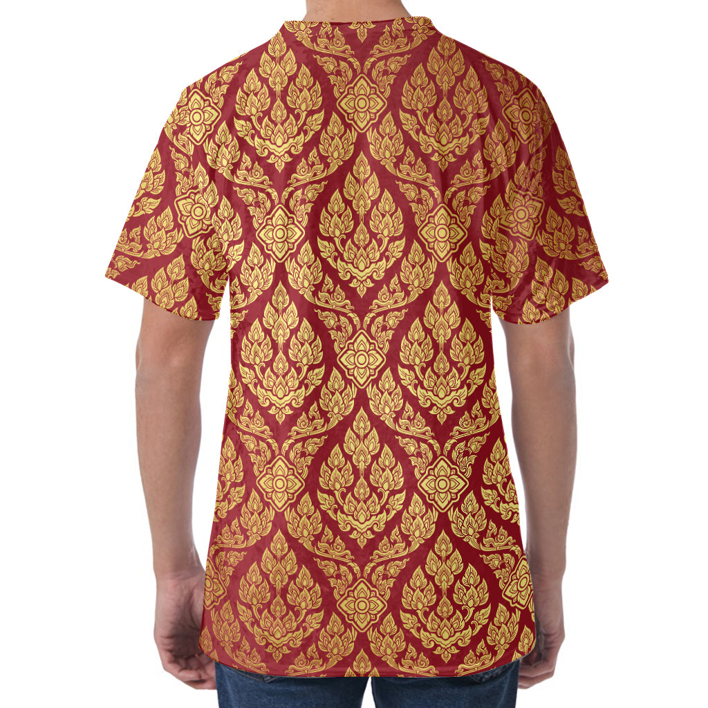 Gold And Red Thai Pattern Print Men's Velvet T-Shirt