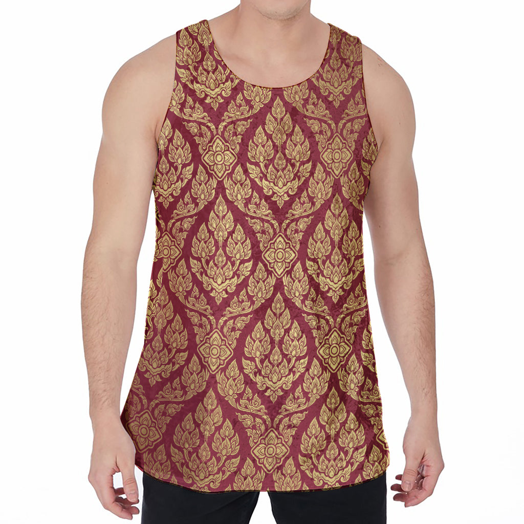 Gold And Red Thai Pattern Print Men's Velvet Tank Top