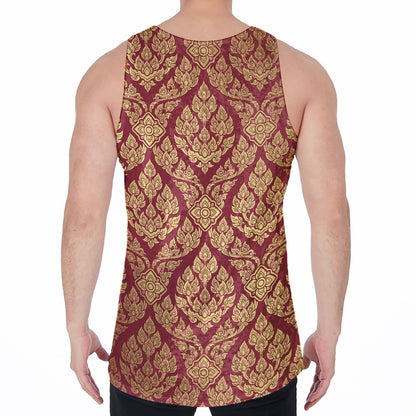 Gold And Red Thai Pattern Print Men's Velvet Tank Top