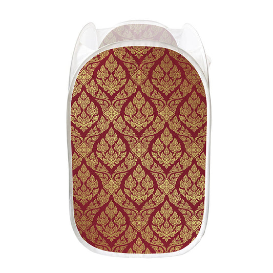 Gold And Red Thai Pattern Print Mesh Laundry Hamper