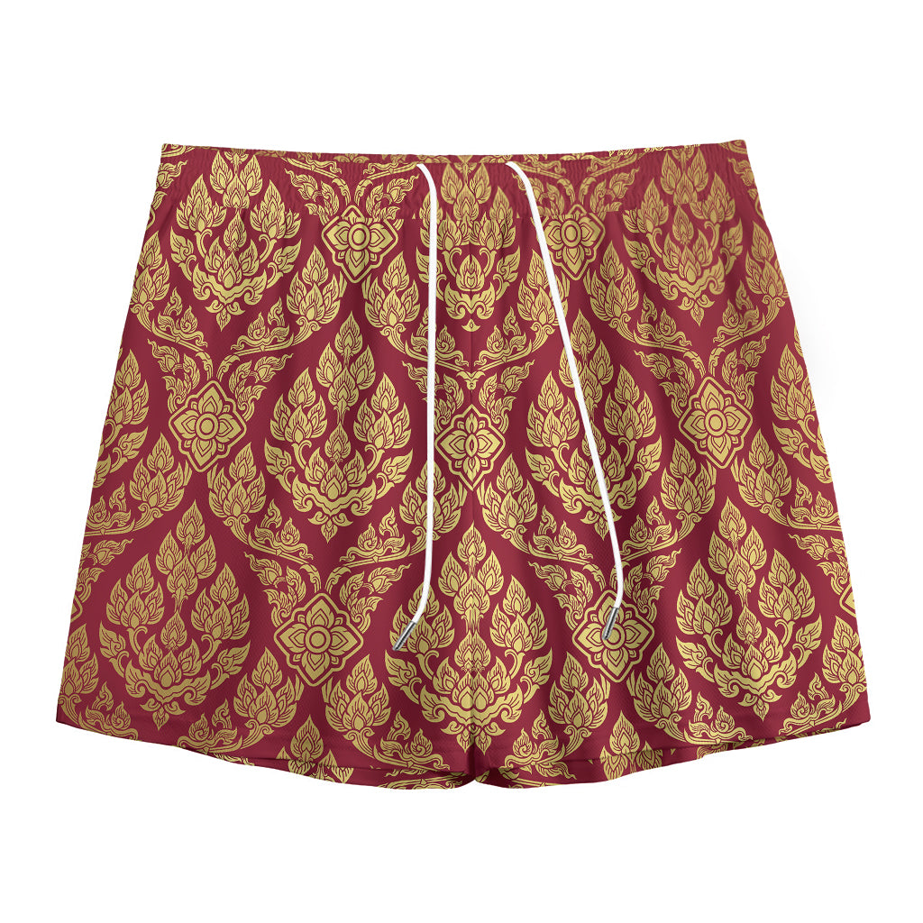 Gold And Red Thai Pattern Print Mesh Shorts