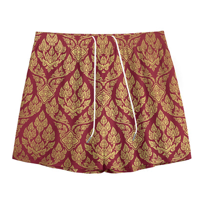 Gold And Red Thai Pattern Print Mesh Shorts