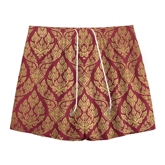 Gold And Red Thai Pattern Print Mesh Shorts