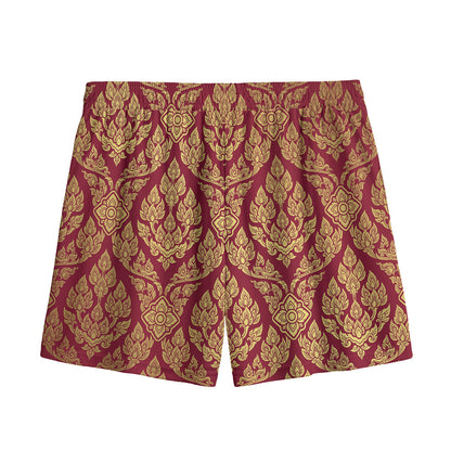 Gold And Red Thai Pattern Print Mesh Shorts