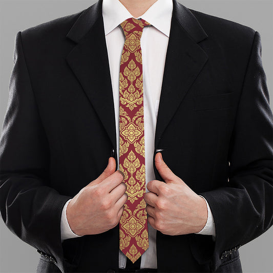 Gold And Red Thai Pattern Print Necktie