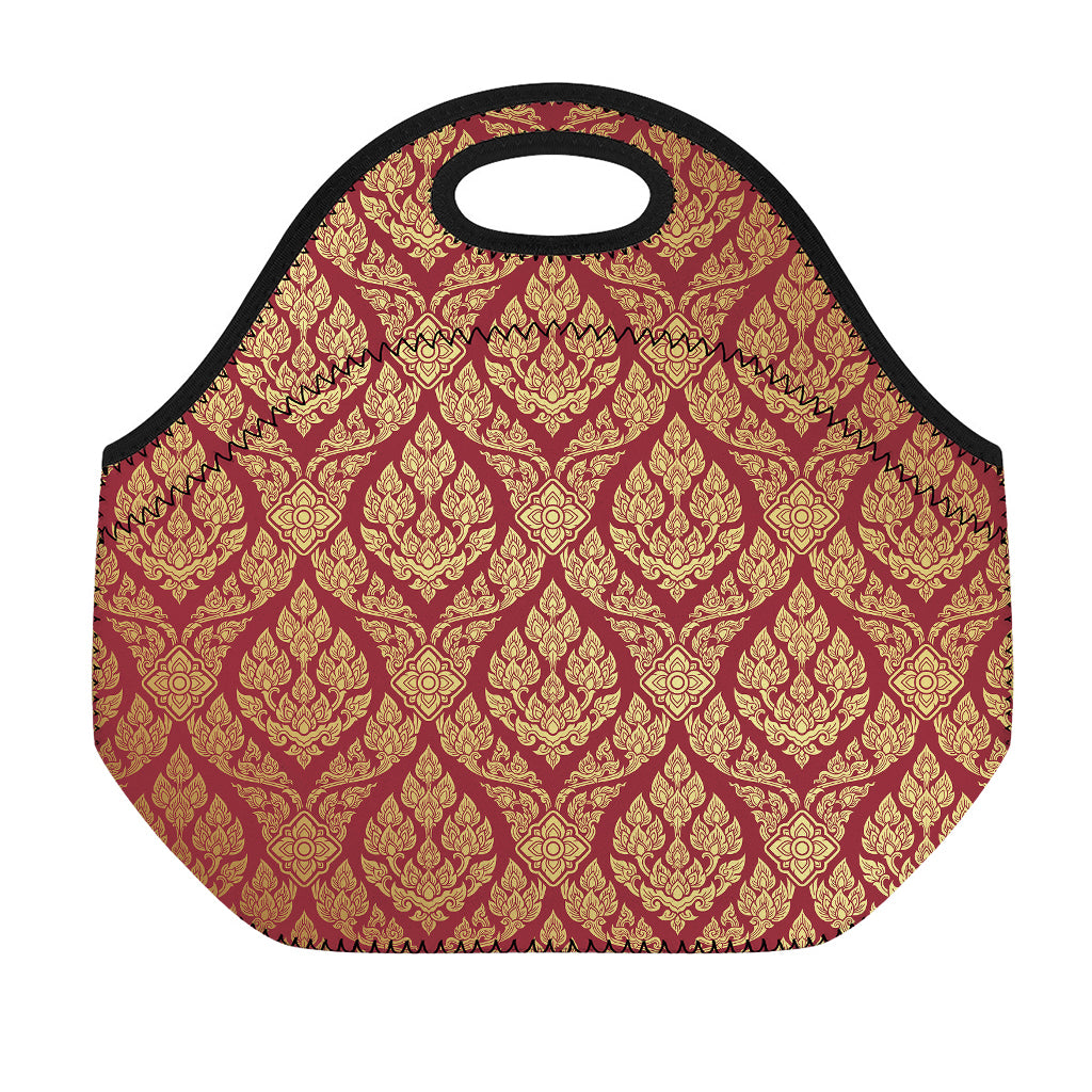 Gold And Red Thai Pattern Print Neoprene Lunch Bag