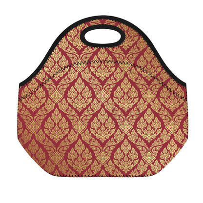 Gold And Red Thai Pattern Print Neoprene Lunch Bag