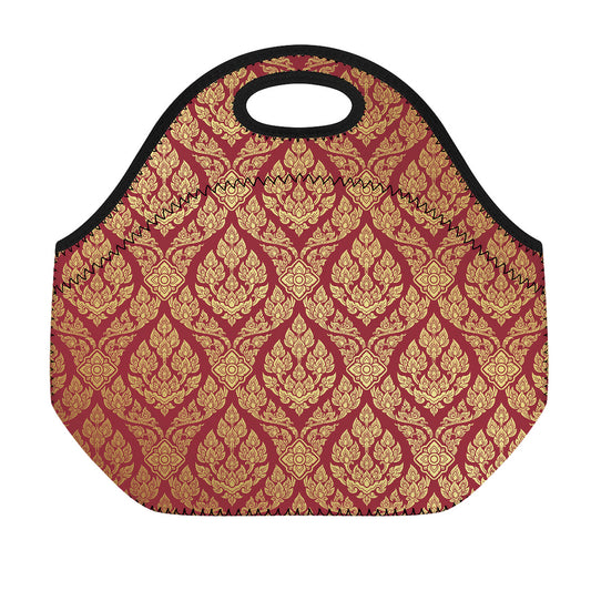 Gold And Red Thai Pattern Print Neoprene Lunch Bag