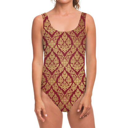 Gold And Red Thai Pattern Print One Piece Swimsuit