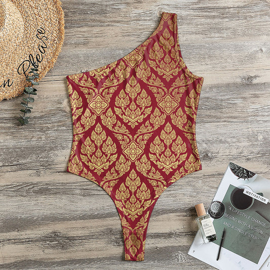 Gold And Red Thai Pattern Print One Shoulder Bodysuit