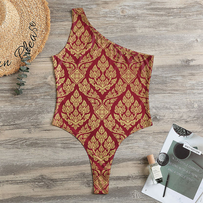 Gold And Red Thai Pattern Print One Shoulder Bodysuit