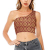 Gold And Red Thai Pattern Print One Shoulder Crop Top