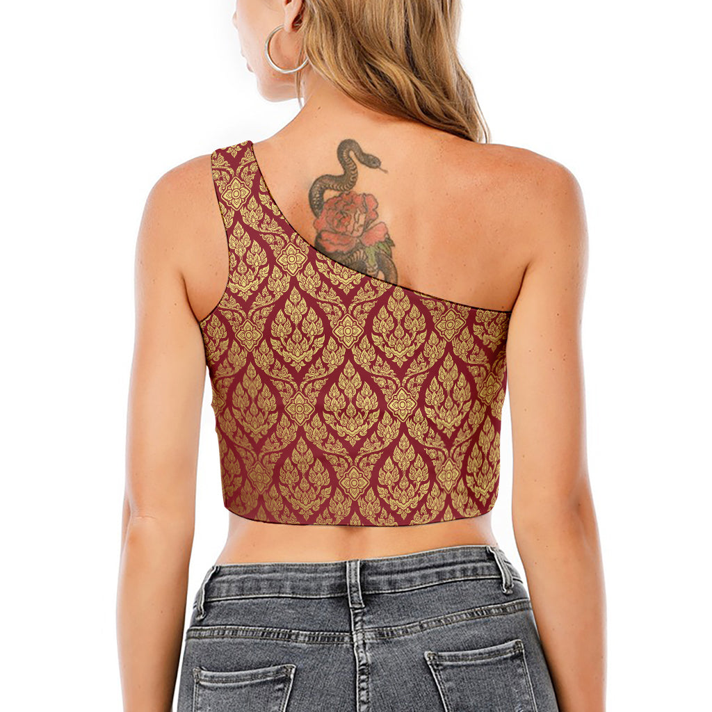 Gold And Red Thai Pattern Print One Shoulder Crop Top