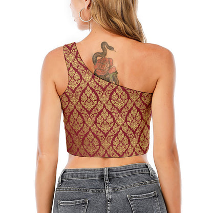 Gold And Red Thai Pattern Print One Shoulder Crop Top