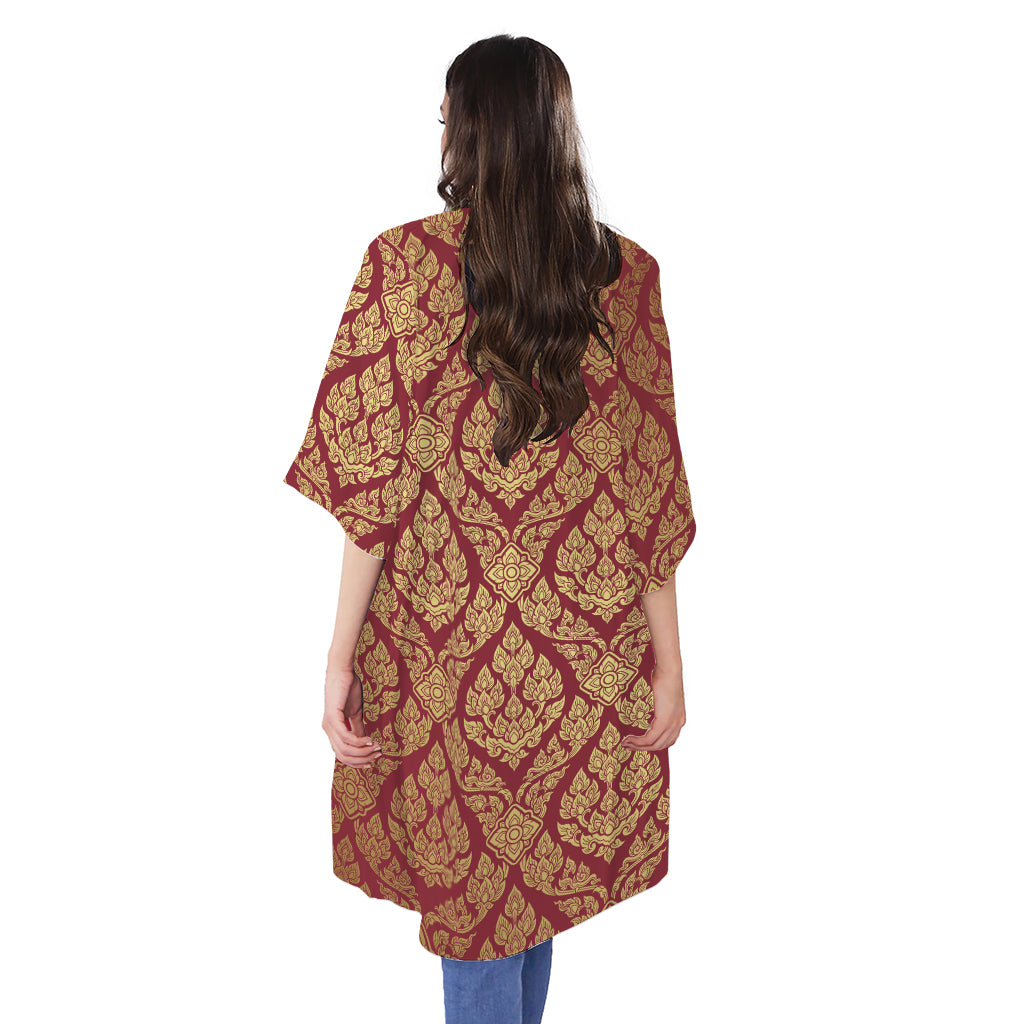 Gold And Red Thai Pattern Print Open Front Beach Cover Up