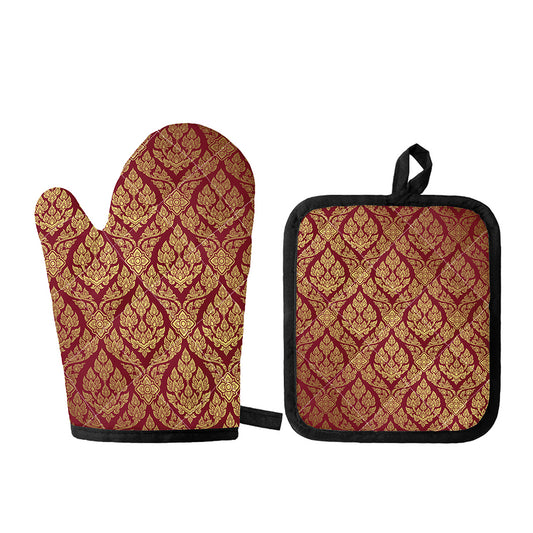Gold And Red Thai Pattern Print Oven Mitt And Pot Holder Set