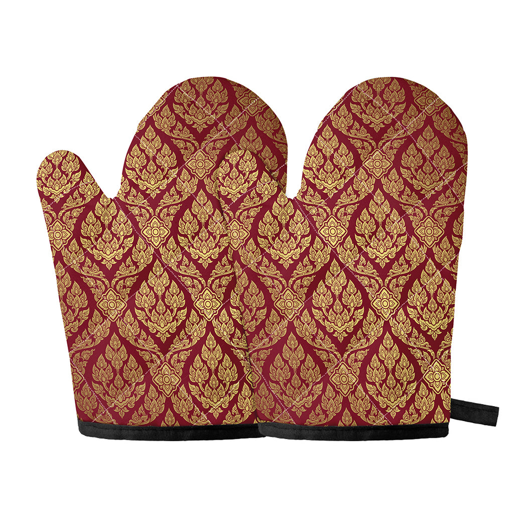 Gold And Red Thai Pattern Print Oven Mitts