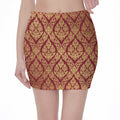 Gold And Red Thai Pattern Print Pencil Mini Skirt