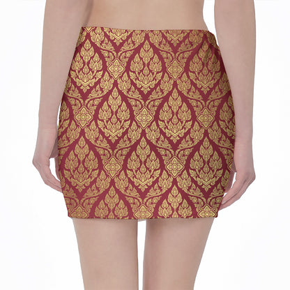 Gold And Red Thai Pattern Print Pencil Mini Skirt