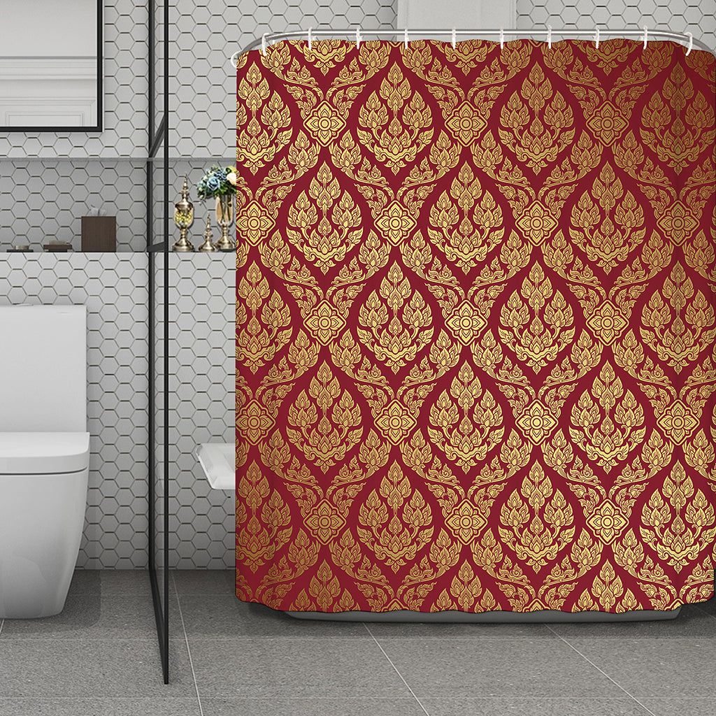 Gold And Red Thai Pattern Print Polyester Shower Curtain