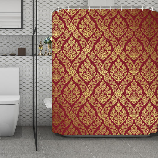 Gold And Red Thai Pattern Print Polyester Shower Curtain