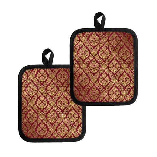 Gold And Red Thai Pattern Print Pot Holders