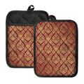 Gold And Red Thai Pattern Print Pot Holders With Pocket