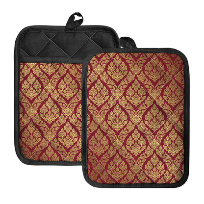 Gold And Red Thai Pattern Print Pot Holders With Pocket