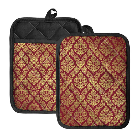 Gold And Red Thai Pattern Print Pot Holders With Pocket