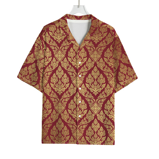 Gold And Red Thai Pattern Print Rayon Hawaiian Shirt