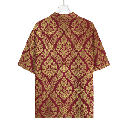 Gold And Red Thai Pattern Print Rayon Hawaiian Shirt