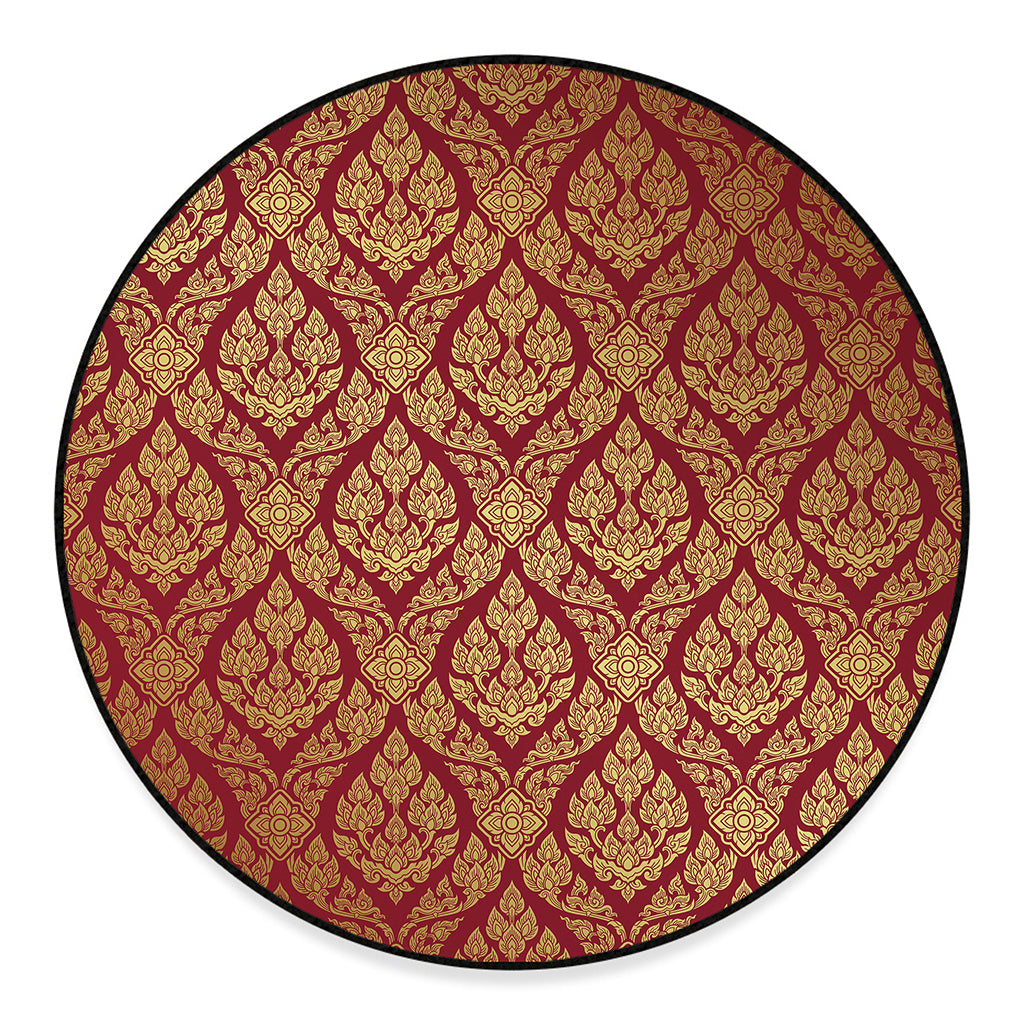 Gold And Red Thai Pattern Print Round Floor Mat
