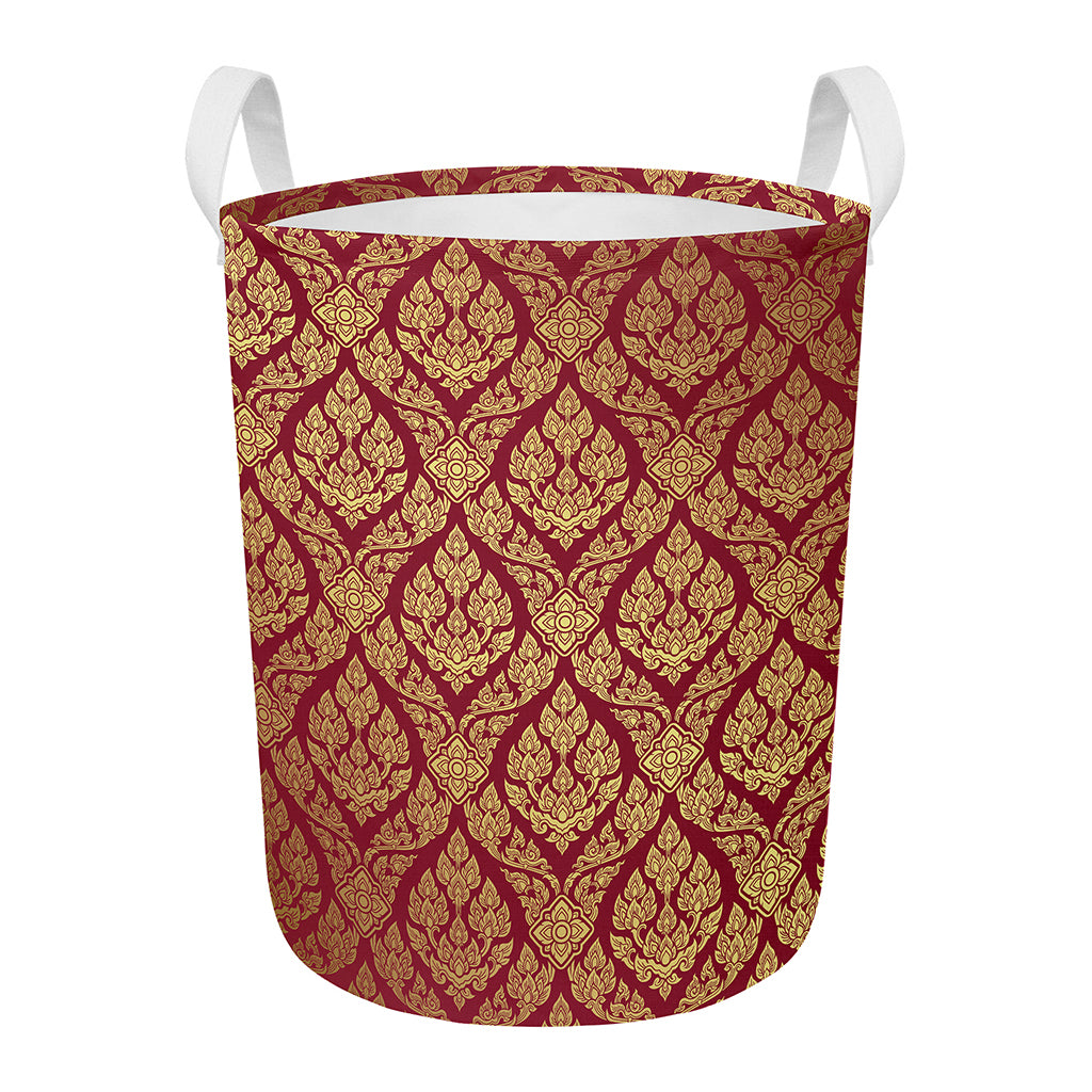 Gold And Red Thai Pattern Print Round Laundry Basket