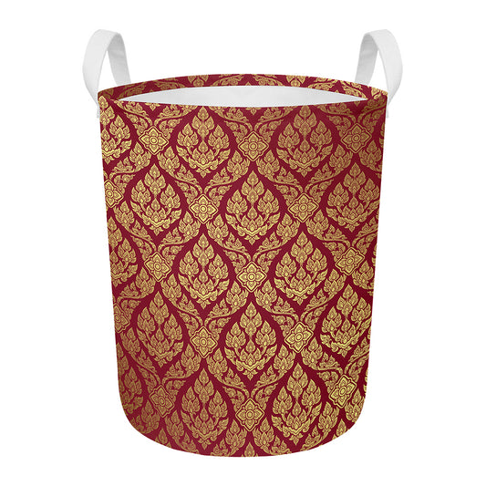 Gold And Red Thai Pattern Print Round Laundry Basket