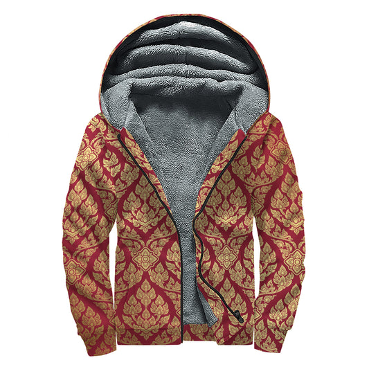 Gold And Red Thai Pattern Print Sherpa Lined Zip Up Hoodie