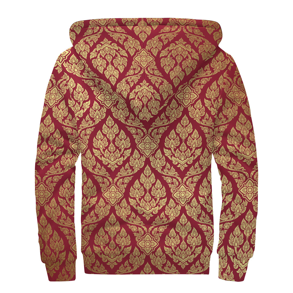 Gold And Red Thai Pattern Print Sherpa Lined Zip Up Hoodie