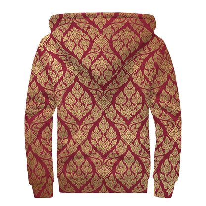 Gold And Red Thai Pattern Print Sherpa Lined Zip Up Hoodie
