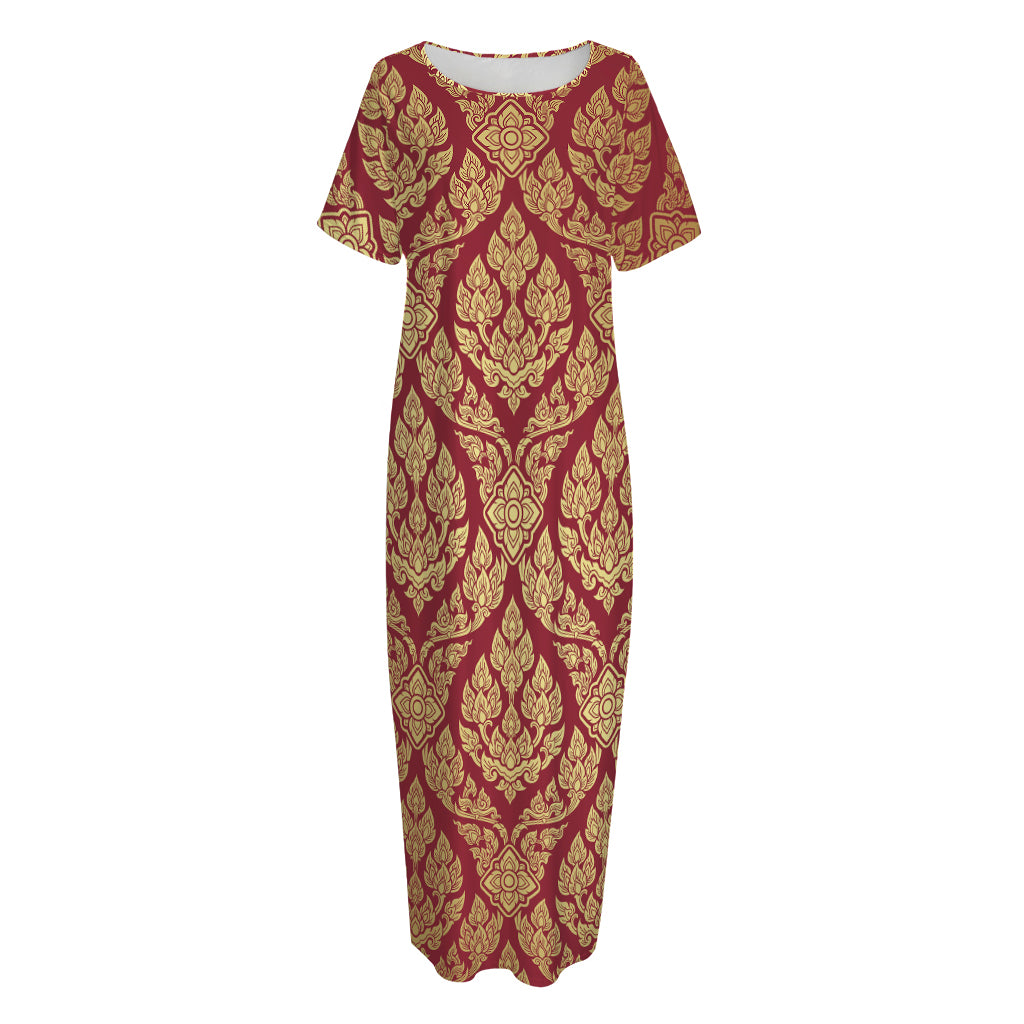 Gold And Red Thai Pattern Print Short Sleeve Long Nightdress