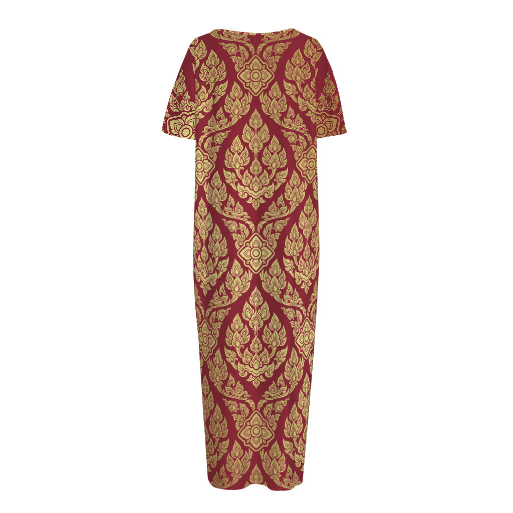 Gold And Red Thai Pattern Print Short Sleeve Long Nightdress