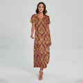 Gold And Red Thai Pattern Print Short Sleeve Maxi Dress