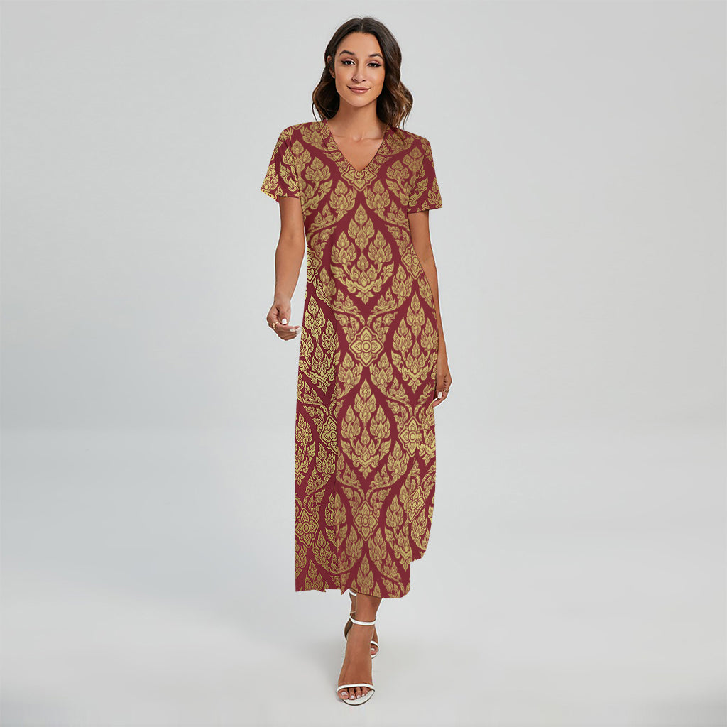Gold And Red Thai Pattern Print Short Sleeve Maxi Dress
