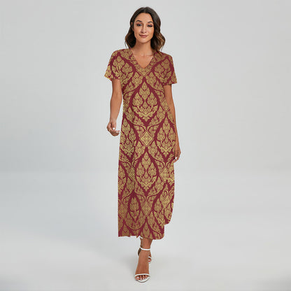 Gold And Red Thai Pattern Print Short Sleeve Maxi Dress