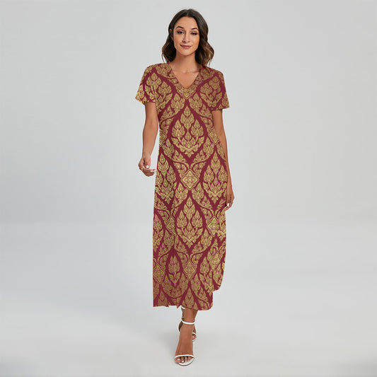 Gold And Red Thai Pattern Print Short Sleeve Maxi Dress
