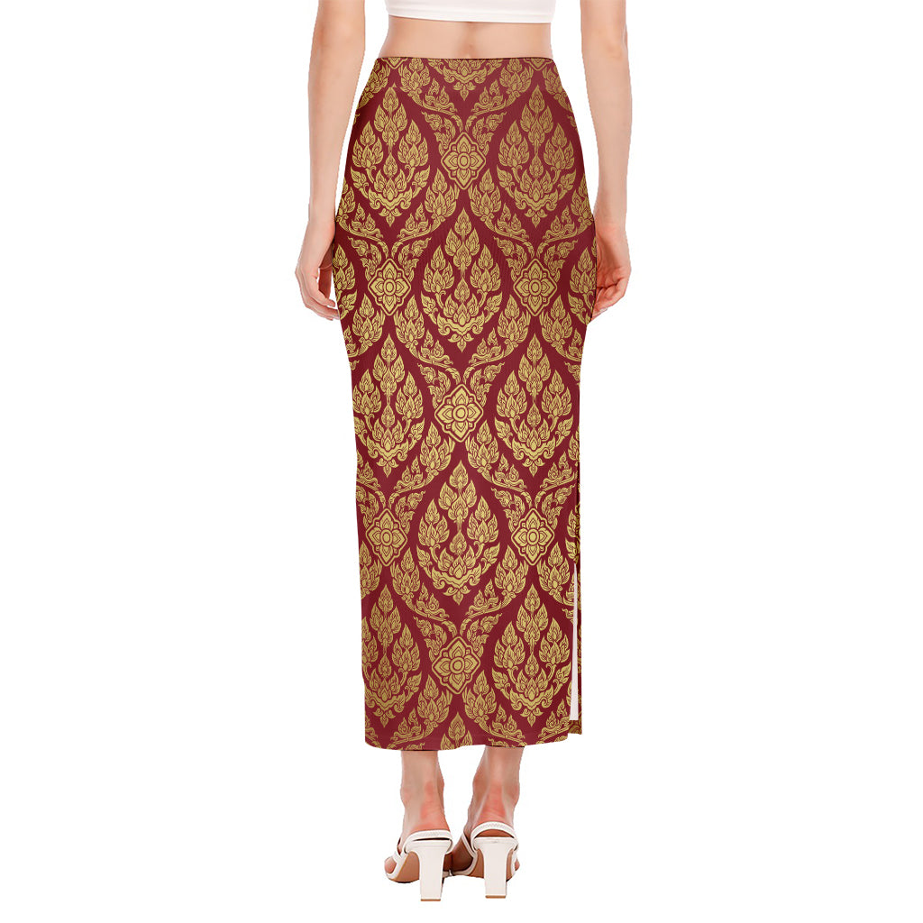 Gold And Red Thai Pattern Print Side Slit Maxi Skirt
