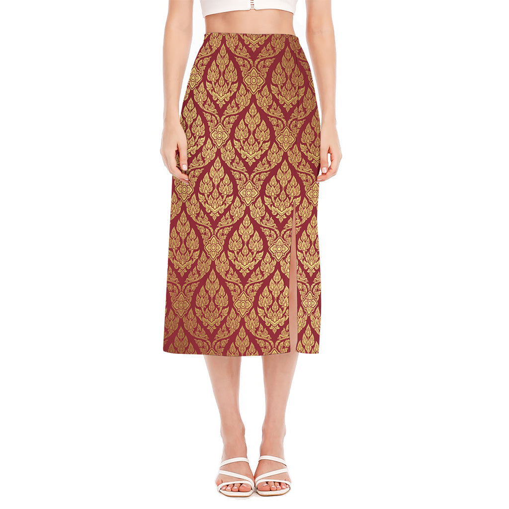 Gold And Red Thai Pattern Print Side Slit Midi Skirt