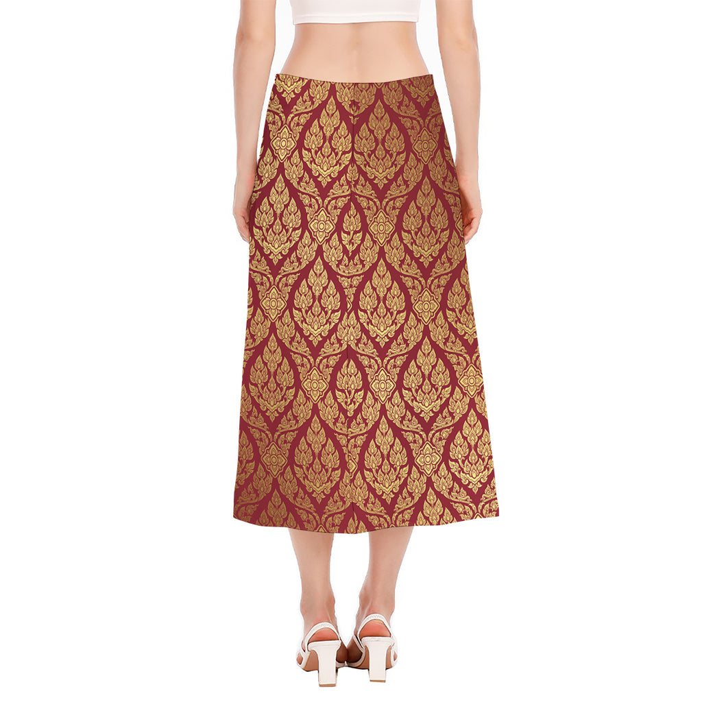 Gold And Red Thai Pattern Print Side Slit Midi Skirt