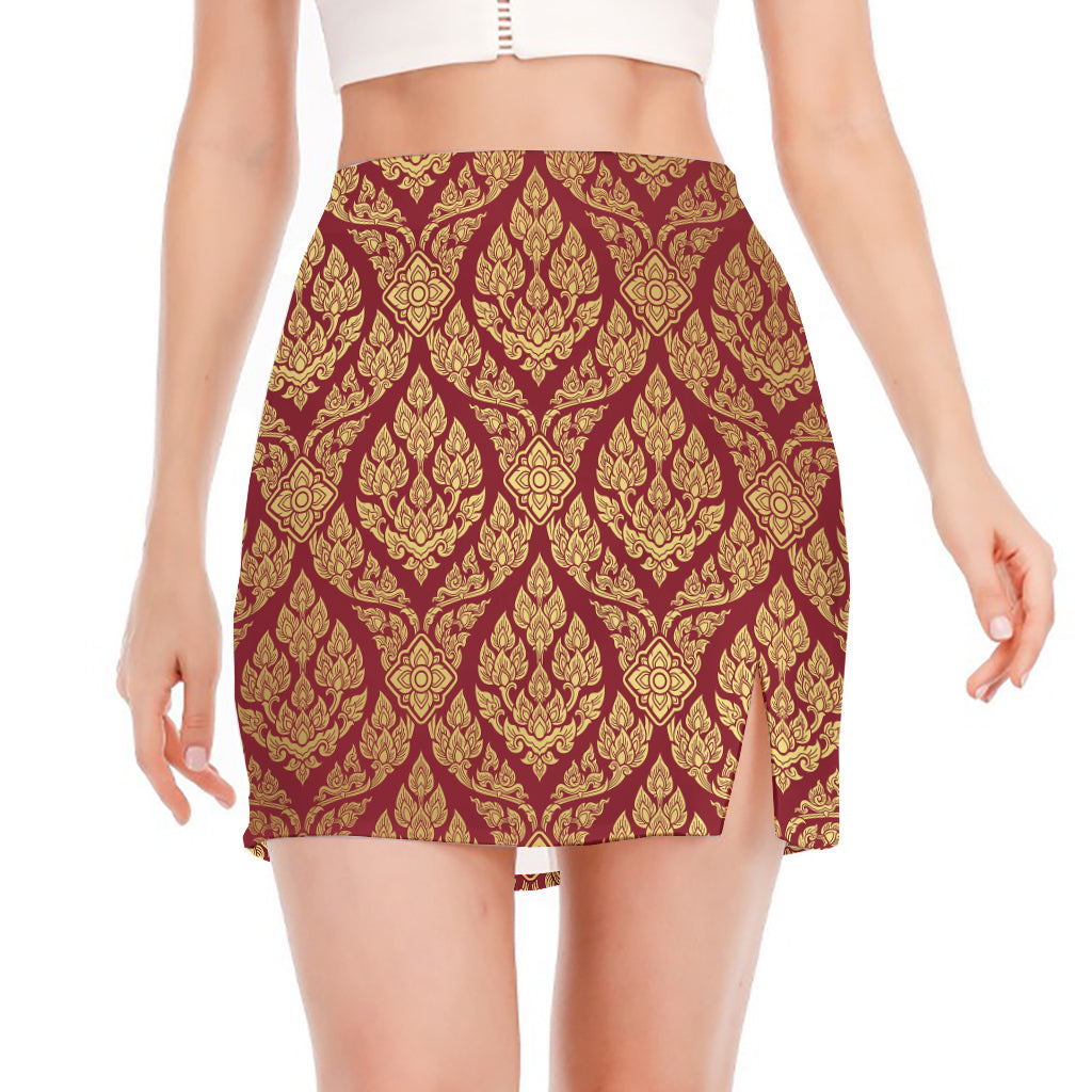 Gold And Red Thai Pattern Print Side Slit Mini Skirt