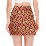 Gold And Red Thai Pattern Print Side Slit Mini Skirt